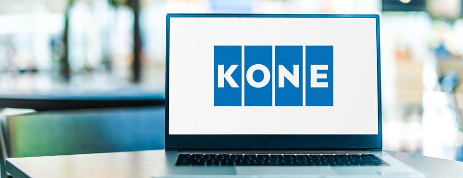 Laptop computer displaying logo of Kone