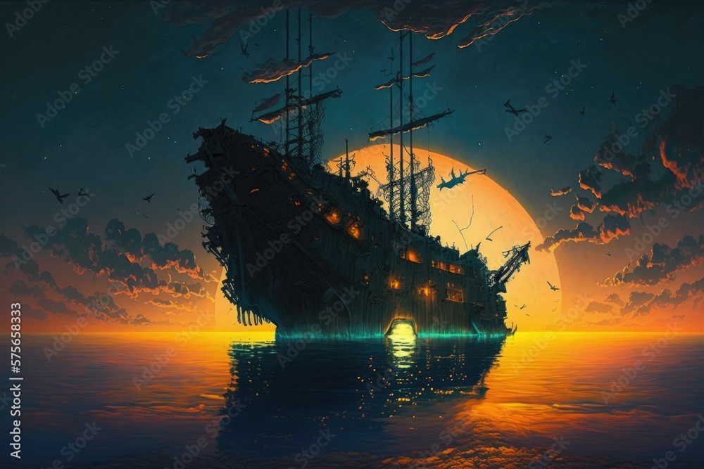 Wall mural a sunken ship in the middle of the ocean under a golden dusk sky. Generative AI