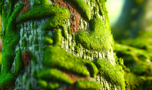 A patch of moss covering the bark of an old tree, providing a soft and velvety texture