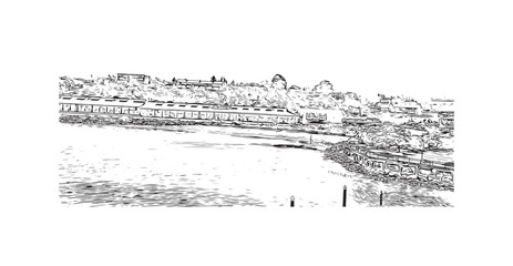 Building view with landmark of Port Angeles is the 
city in Washington State. Hand drawn sketch illustration in vector.