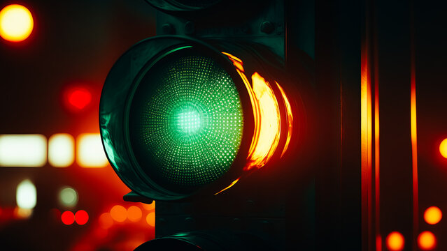 Green light at traffic lights at night