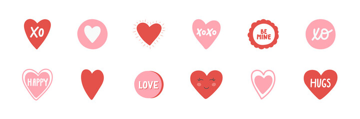 Cute hand drawn heart set. Love, xoxo hand lettering. Doodle hearts label. Valentines Day card. Romantic wallpaper design with symbol of love. Social media template. Vector illustration