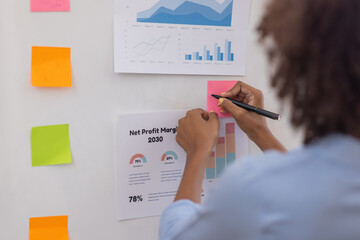 young asian entrepreneur of small company putting a adhesive sticky notes and graph chart on whiteboard in office during analyzing strategy team meeting formulating business strategies.