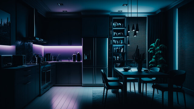 interior apartment in dark colors led lighting with kitchen