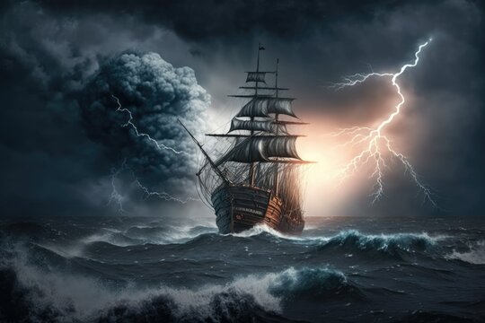 Extreme weather conditions for an ancient ship Stormy clouds and lightning in the background, with the sea. Generative AI