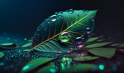 Fototapeta na wymiar A drop of rain clinging to the edge of a leaf, reflecting the world around it like a tiny mirror