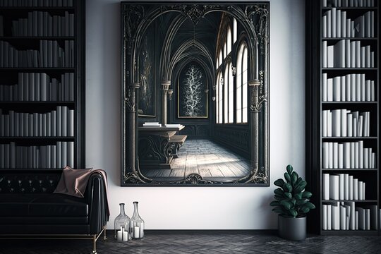 Picture of the Gothic interior of a library. Generative AI