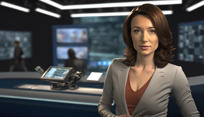 Beautiful caucasian female TV show news presenter, newsreader woman in studio. AI generative image.