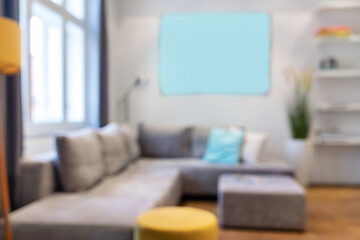 Stylish Living Room Interior With Big Comfortable Couch And Blank Poster