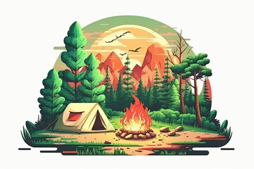 Tent, bonfire, and backpacks a classic image of summer camp for tourists. Generative AI