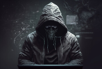 Computer technology and cybersecurity themed wallpaper featuring a hacker with a hoodie, hiding his face to stay anonymous.