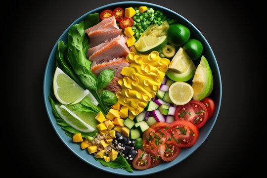 Salad with fresh vegetables (tomato, cucumber, corn, onion, lettuce, and spinach) topped with tuna and avocado. Detoxification and healthy eating as a theme. Low carb or ketogenic diet. Buddha's bowl