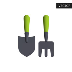 Gardening tools 3d icon in cartoon style. Shovel and rake. Tool for the garden. Design element. Vector illustration.