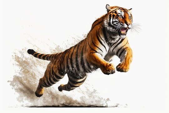 Tiger male, big cat, jumping, isolated on white. Generative AI