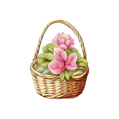 Fototapeta na wymiar Wicker basket with colorful pastel Easter eggs, spring flowers. ai