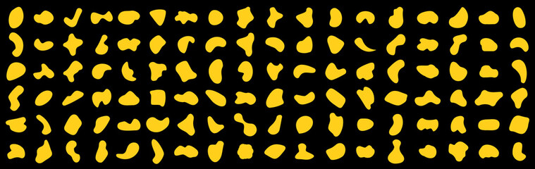 Set random abstract blotch shapes. Liquid shape elements. Yellow round blobs collection. Fluid dynamic forms. Rounded spot or speck of irregular form. Pebble, blotch, inkblot, stone and drops.