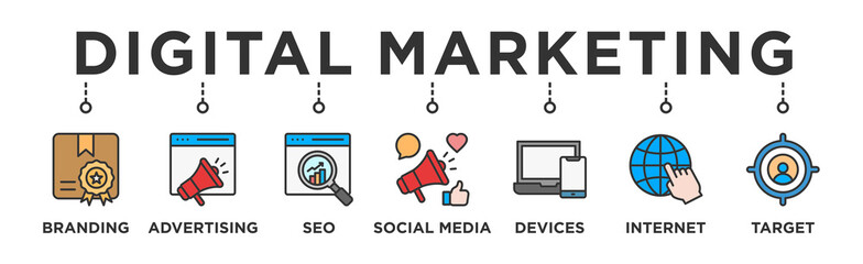 Digital marketing banner web icon vector illustration concept with icon of  Branding, Advertising, Seo Marketing, Social Media, Electronic Devices, Internet, Target