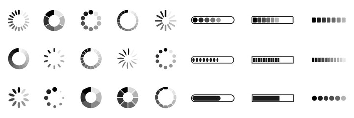 Set loading bar icons. Progress bar loading signs. Collection loading status bar in different design. Download progress icons – vector
