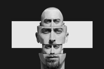 Collage in surrealism style with head of a bearded man	