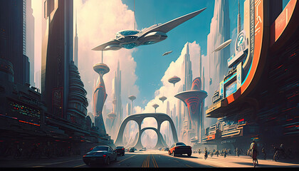 A futuristic cityscape with flying cars, towering skyscrapers, and holographic advertisements lining the streets, futuristic, technology, innovation, sci-fi, urban, modern, advanced, digital, 
