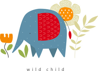 Wild child poster with stylized elephant and plants. Abstraction. African animal. Savannah. Poster for children. Postcard, invitation, cover. Can be printed on fabric. - 575663795
