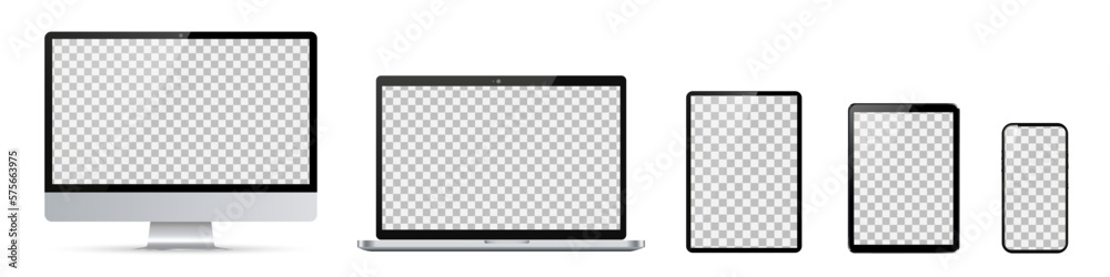 Poster Set of mockup technology devices with empty display computer, laptop, tablet and mobile phone, different model - for stock