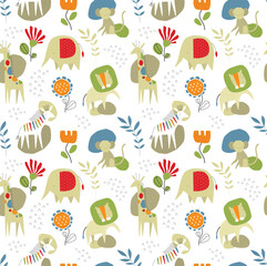 Cute pattern with African animals. Savannah animals. Vector seamless background with cartoon animals. Lion, zebra, giraffe, monkey, elephant. Fabric, wallpaper, paper. - 575663907