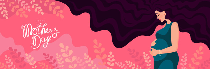 Mothers Day. Vector banner with a pregnant woman, floral decor and congratulatory text. A beautiful young woman with long hair hugs her belly.