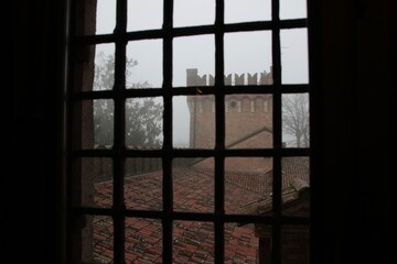 Italy, Veneto, Verona: Foreshortening of Bevilacqua Castle, built in 1336.