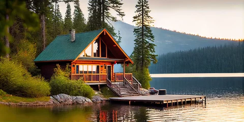 Foto op Canvas Wood cabin on the lake - log cabin surrounded by trees, mountains, and water in natural landscapes © Brian