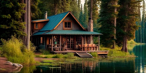 Foto op Plexiglas Wood cabin on the lake - log cabin surrounded by trees, mountains, and water in natural landscapes © Brian