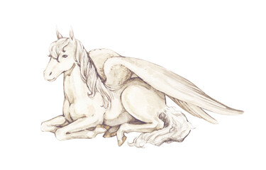 Watercolor vintage illustrations with White Pegasus lay down to rest. Isolated on white background.