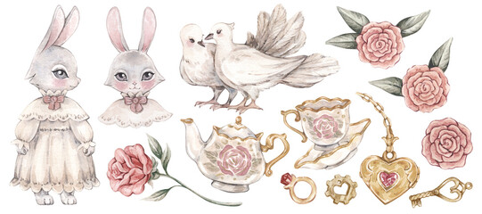 Big set of watercolor vintage illustrations: rabbit in dress, teapot, cup, medallion, key, roses. Isolated.