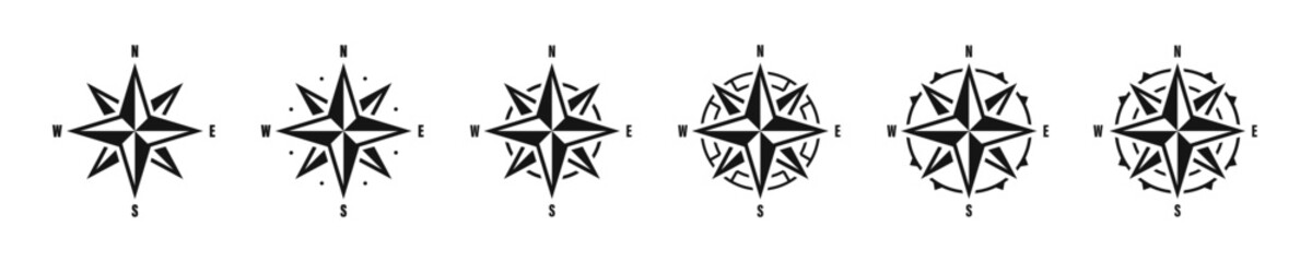 Compass icons. Wind rose. Nautical map. Compass icon collection. Cartography, direction, positioning. West east north south direction icons set. Vector grapic