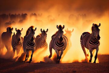 Fototapeta premium A herd of zebras runs in the rays of sunset. AI generated