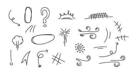 Vector set of hand-drawn cute cartoony expression sign doodle line stroke. movement drawing, curve directional arrows, emoticon effects design elements, cartoon character emotion symbols,