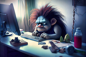 Internet troll - online troll in a dusky bedroom angrily focused on writing hateful comments.  - obrazy, fototapety, plakaty