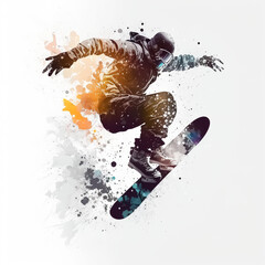 Naklejka na ściany i meble Snowboarder jumping through air with Winter Sport white background. Created with Generative AI technology.