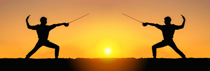 Confrontation concept - fight with yourself. Two silhouettes of men fighting with swords. Fencing...