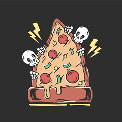 llustration of a skull eating pizza, skeleton and food. retro and antique style design. suitable for printing t-shirts, stickers and tattoos