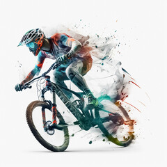 Athlete cyclists Mountain bike background forest cartoon. Created with Generative AI technology.