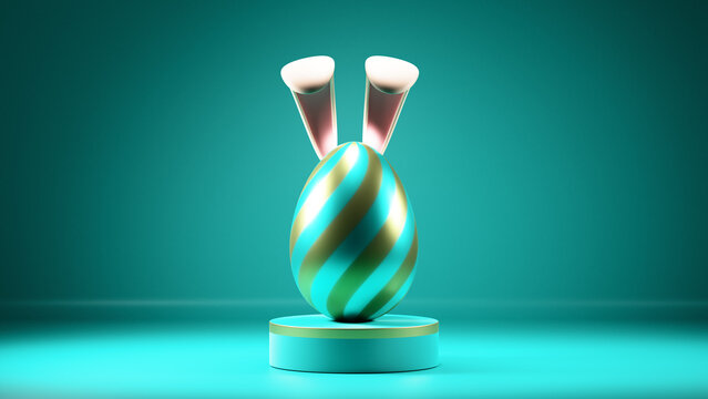 Easter egg in rabbit ears on a podium, turquoise blue background.3d rendering