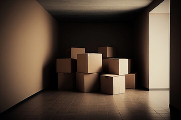 Boxes in room, move to new house concept. Home with cardboard containers full of household stuff, furniture, kids things and luggage, apartment interior Generative AI