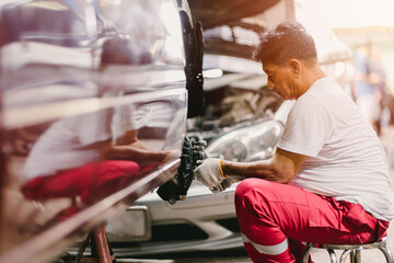 Garage Mechanic service staff working fix replace cleaning braking system