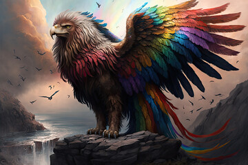 A fantastical creature with the body of a lion, wings of an eagle, and a shimmering coat of rainbow-colored feathers, standing regally on a rocky outcropping, eagle, bird, vector, illustration, animal