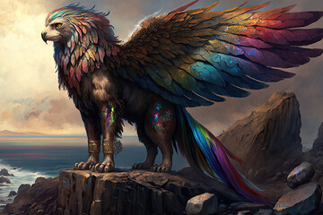 A fantastical creature with the body of a lion, wings of an eagle, and a shimmering coat of rainbow-colored feathers, standing regally on a rocky outcropping, eagle, bird, vector, illustration, animal