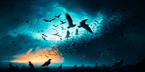 Many crows in the sky, blue sky dark