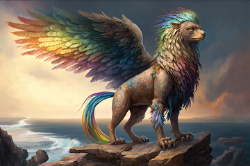A fantastical creature with the body of a lion, wings of an eagle, and a shimmering coat of rainbow-colored feathers, standing regally on a rocky outcropping, eagle, bird, vector, illustration, animal