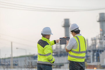 Group Asian man petrochemical engineer working at oil and gas refinery plant industry factory,The...