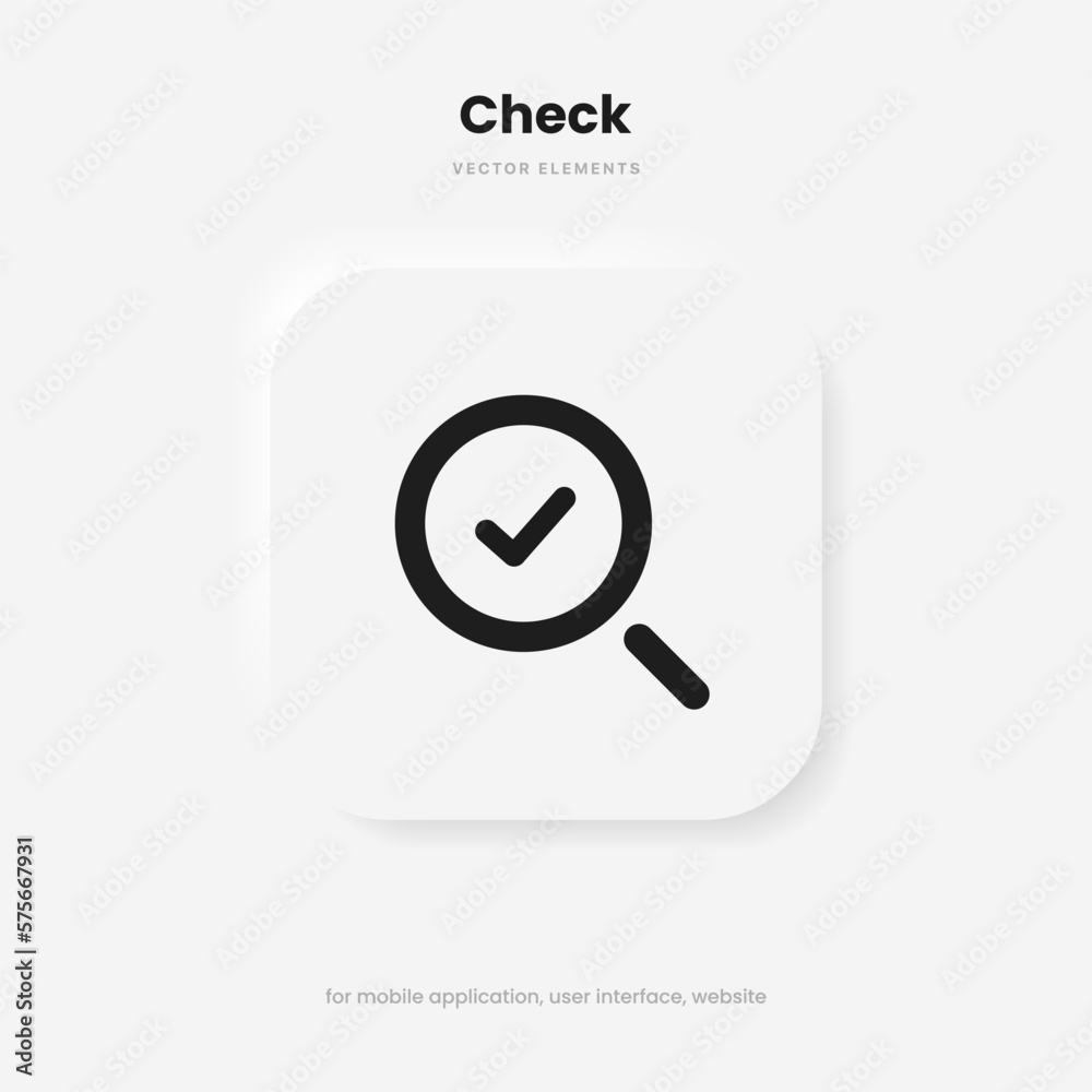 Poster magnifying or search icon and true, checkmark, check icon. rounded search symbol. research icon for 